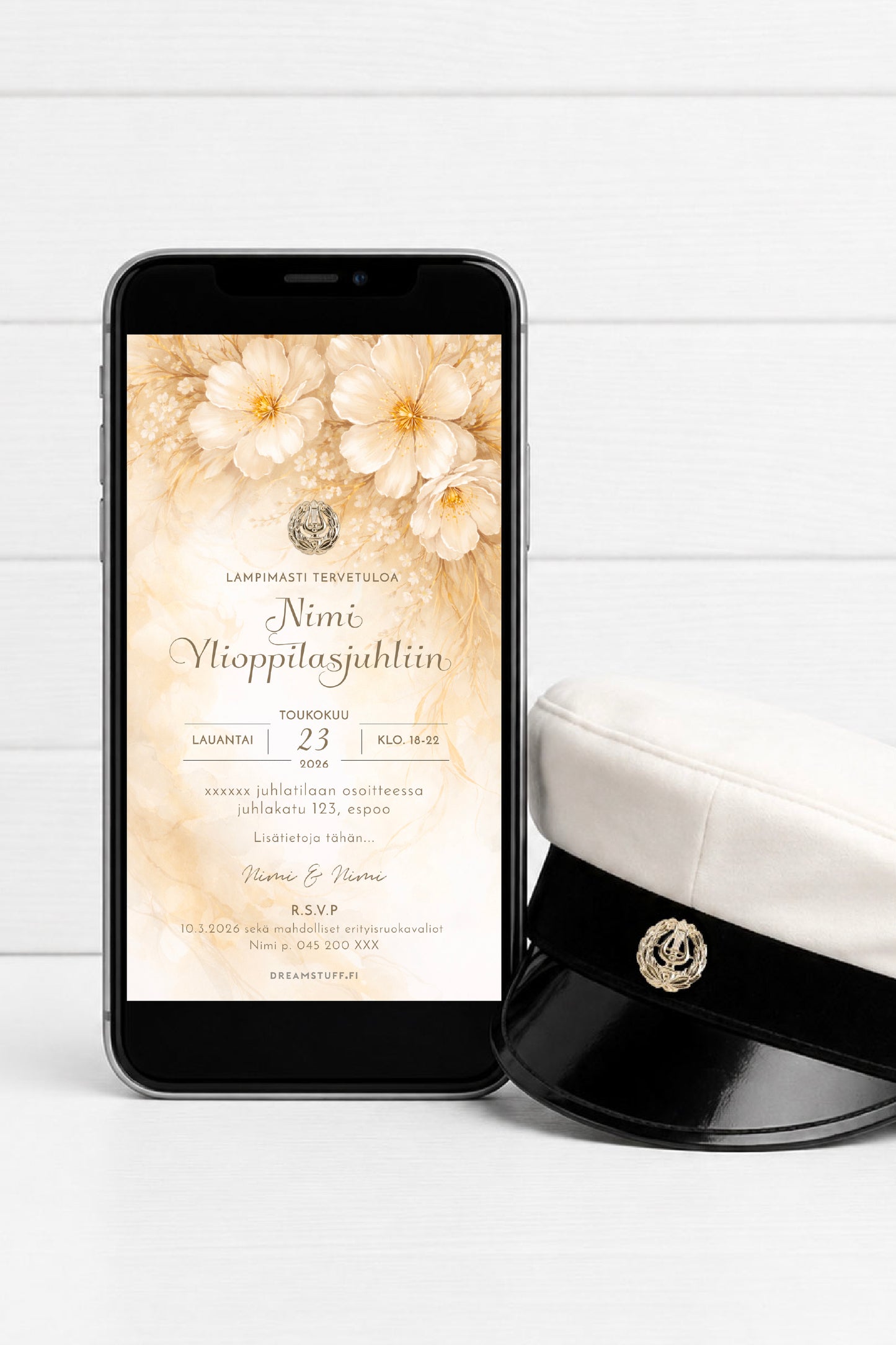 Digitaalinen ylioppilaskutsu puhelimen näytöllä, kutsu jonka voi lähettää helposti WhatsAppilla vieraille