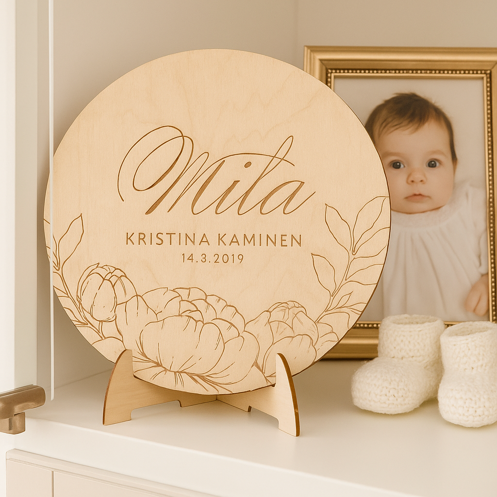 Personoitu puinen nimitaulu jalustalla valkoisen vitriinikaapin sisällä. Vieressä kultakehyksissä vauvan kastekuva ja pienet valkoiset kudotut vauvantossut.