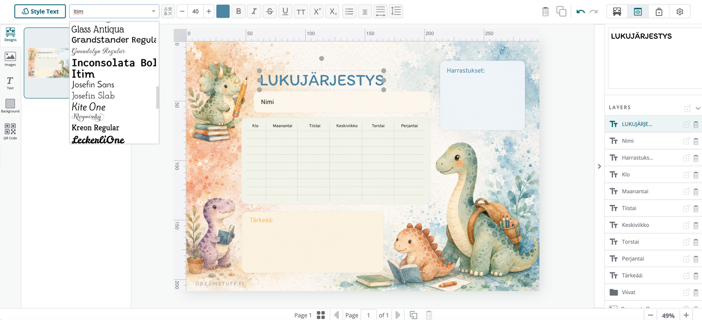 Dinosaurus lukujärjestys lapselle – Corjlissa muokattava ja itse tulostettava A4-lukujärjestys