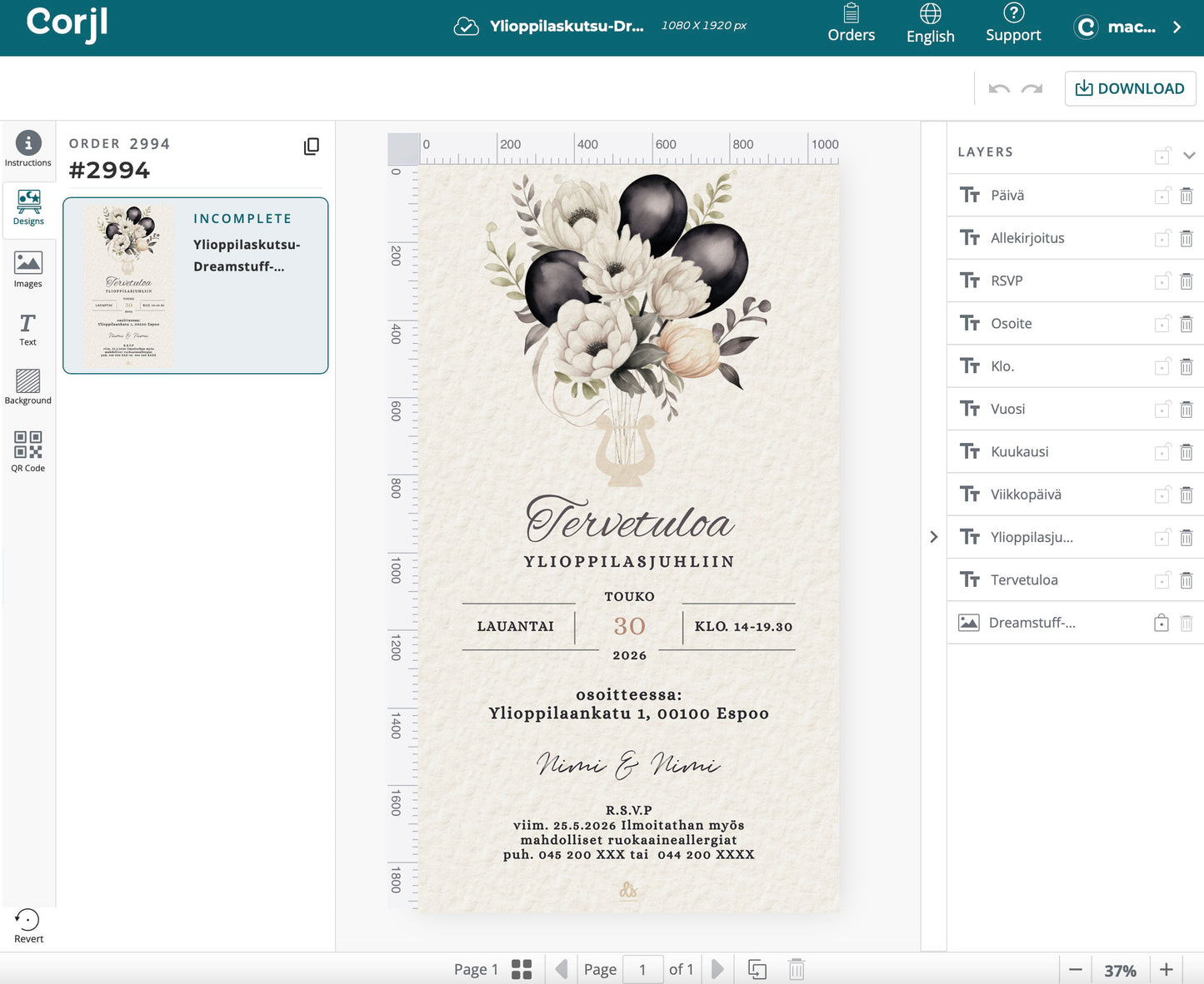 Digital Graduation Invitation - Balloons