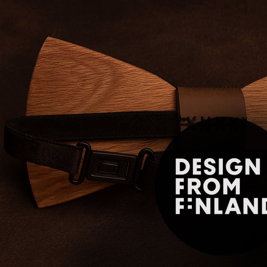 Miesten käsintehty puinen rusetti, ruskea mahonkipuu ja nahkayksityiskohta – ekologinen ja ainutlaatuinen lahjaidea, Design from finland