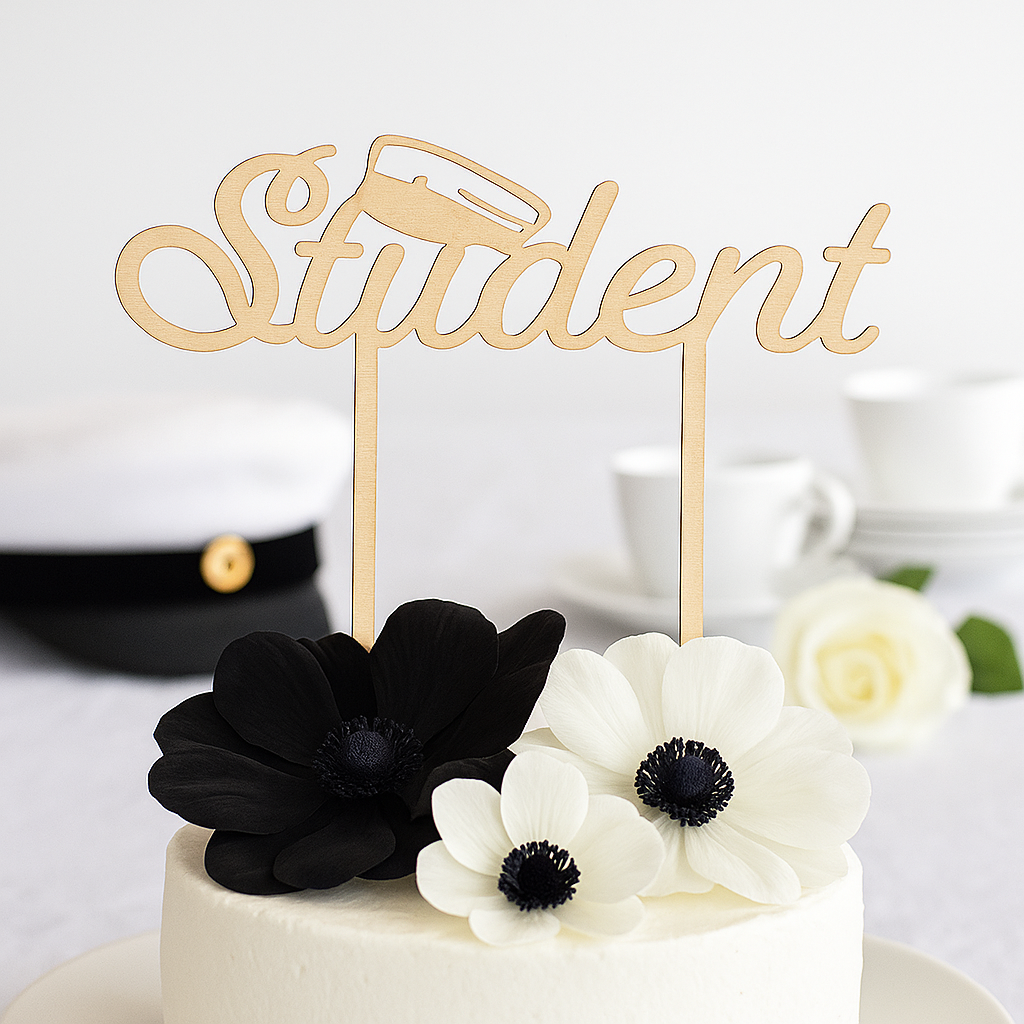 Dreamstuff vaalea koivuvanerinen Student-kakkukoriste valkoisen juhlakakun päällä, koristeena mustia ja valkoisia kukkia. Taustalla ylioppilaslakki, valkoinen ruusu ja kahvikuppi.