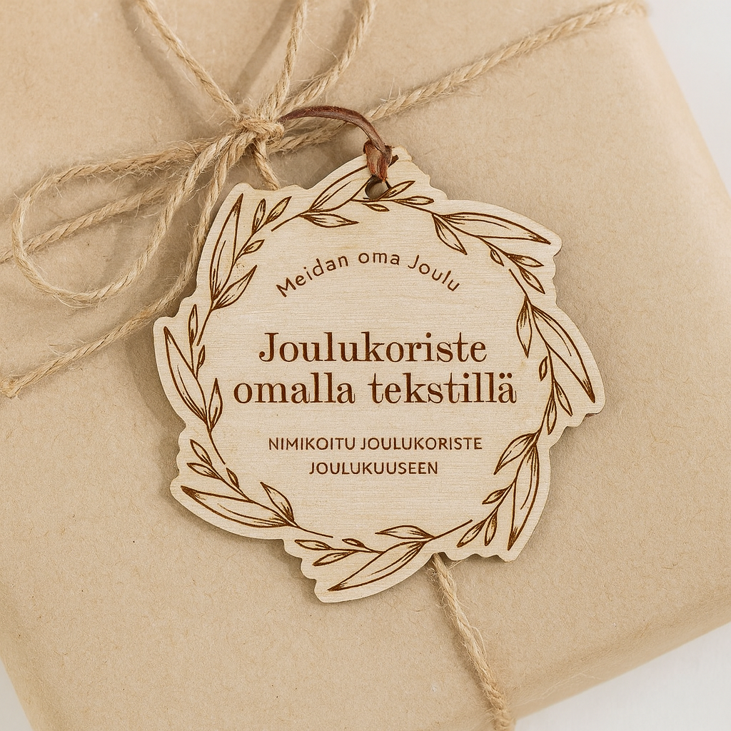 Ensimmäinen Joulu -koriste uuteen kotiin, kaiverrettu koivuvanerinen joulukuusenkoriste perheen nimellä tai muuttopäivällä.