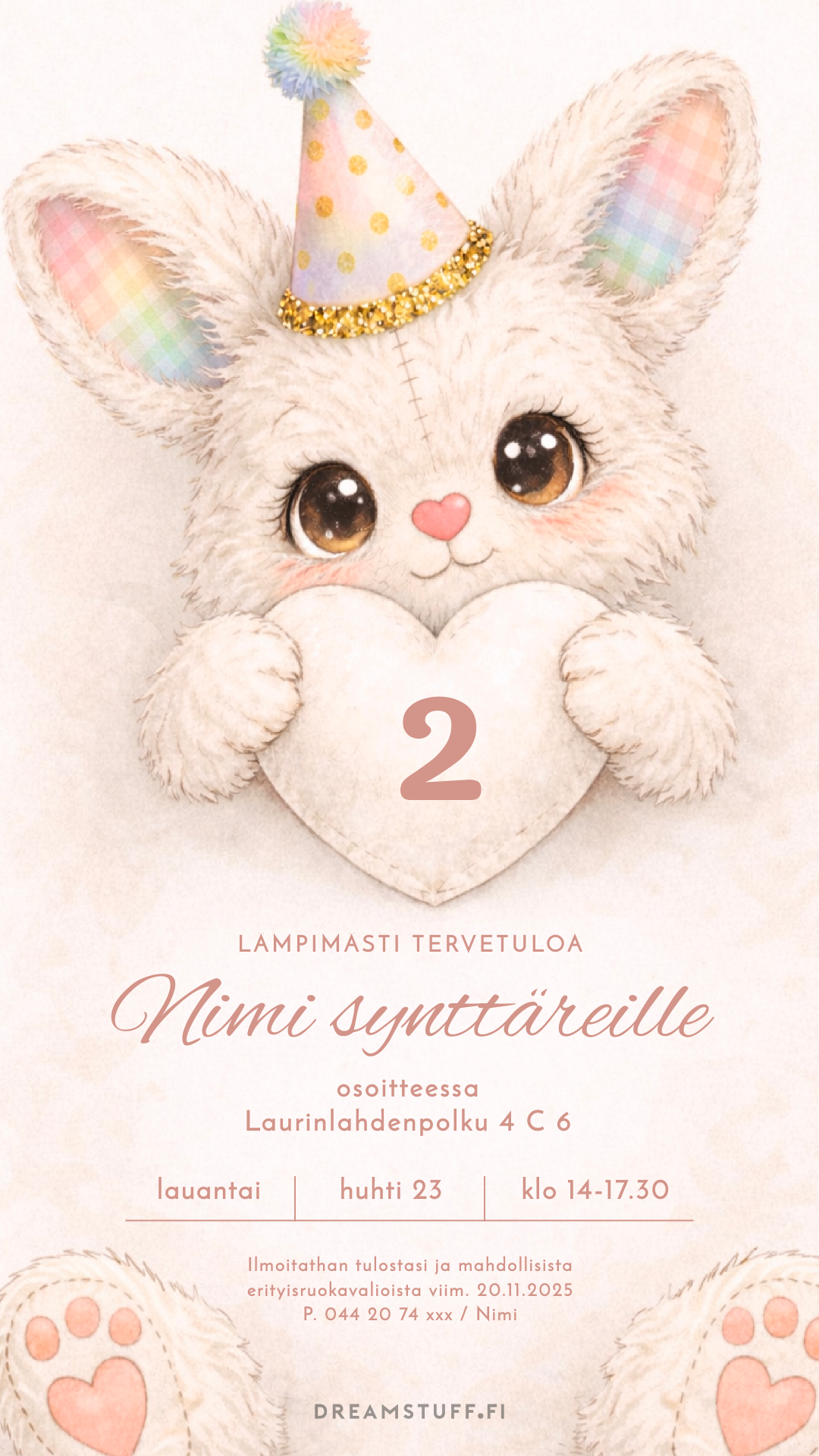 Digitaalinen lasten syntymäpäiväkutsu juhlahattuisella pehmopupulla, vaalea ja lämmin kutsudesign