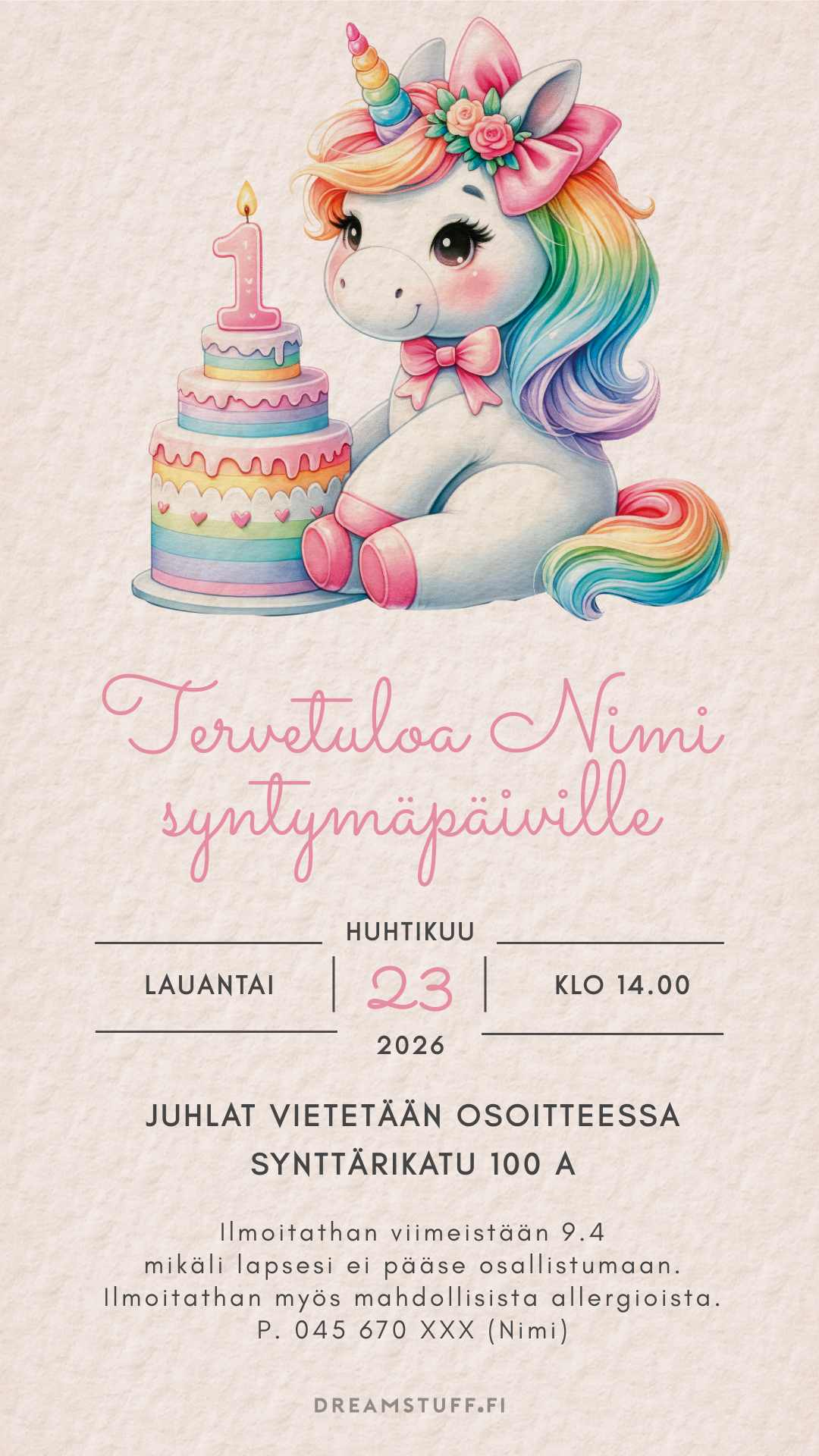 Digital children's invitations with the theme - Unicorn and cake