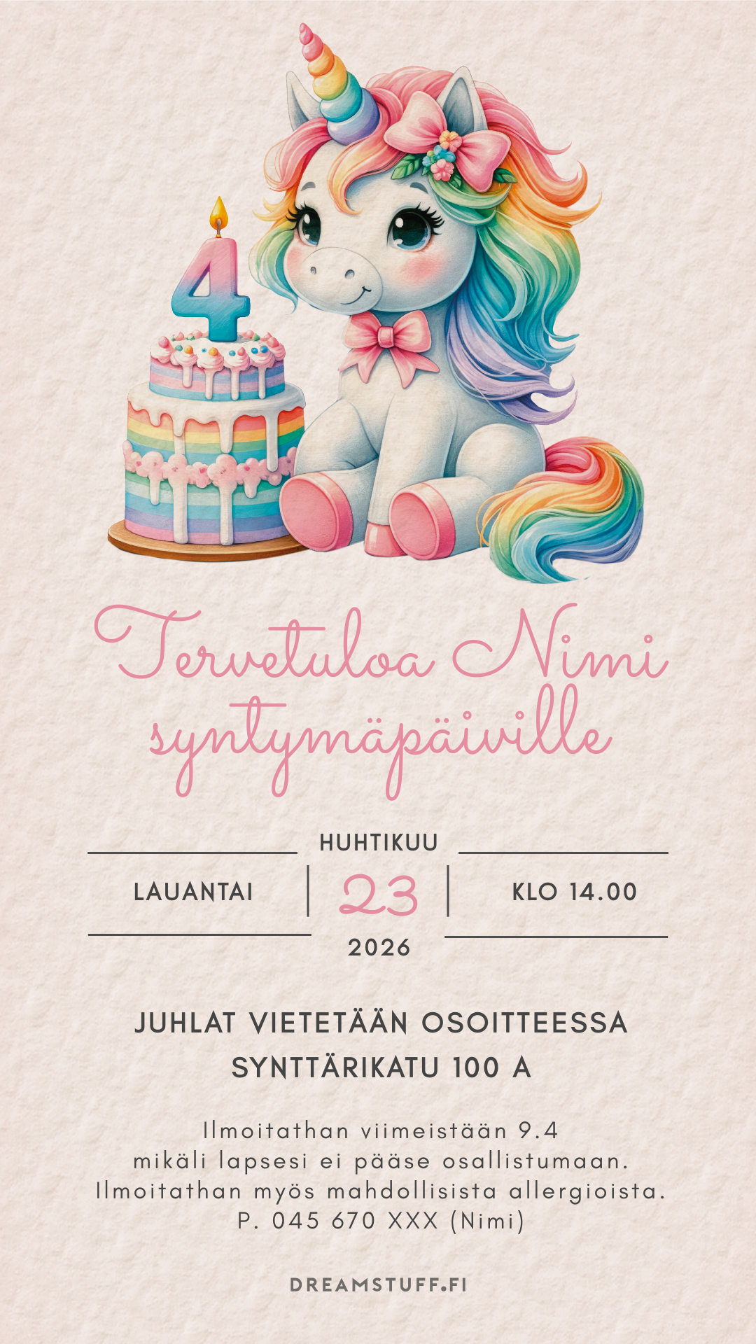 Digital children's invitations with the theme - Unicorn and cake