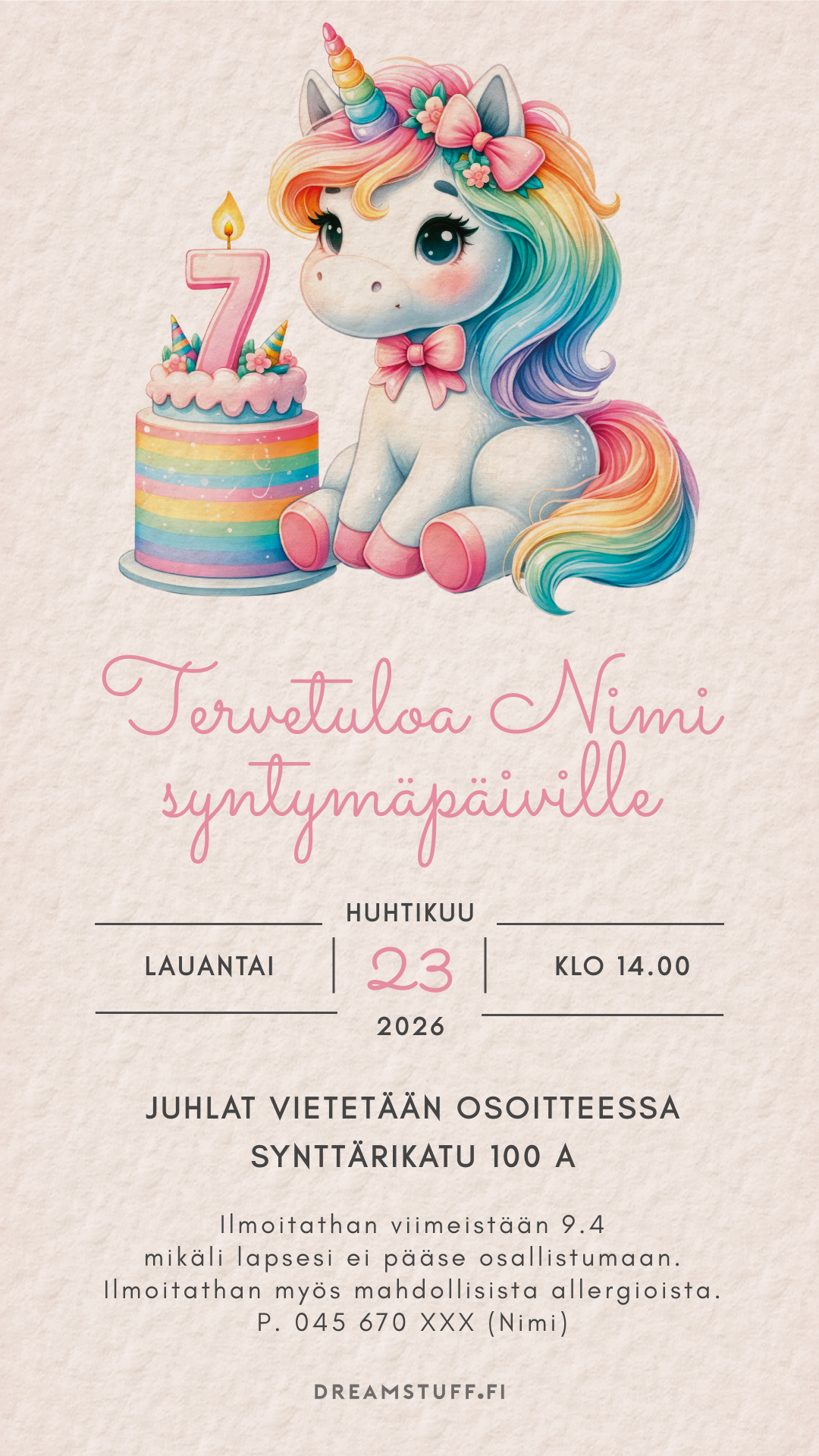 Digital children's invitations with the theme - Unicorn and cake