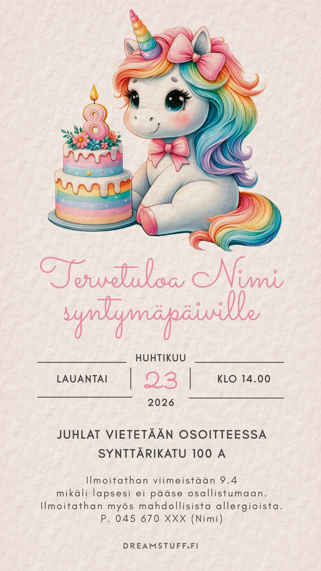 Digital children's invitations with the theme - Unicorn and cake