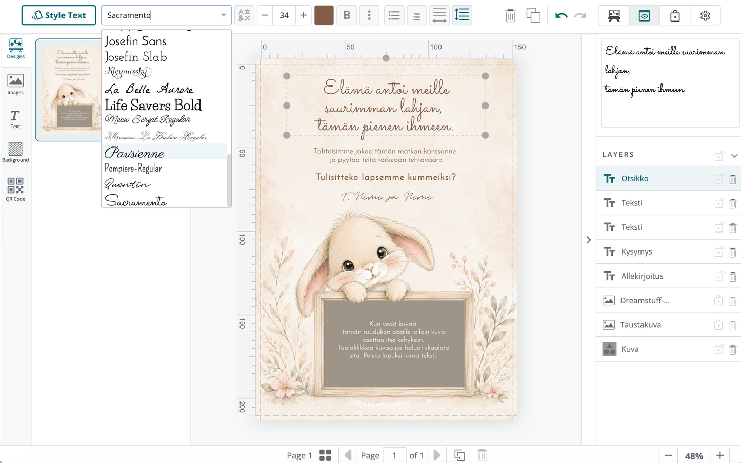 Muokattava Tulisitko kummiksi -kortti omalla kuvalla Corjl-editorissa – printable kummipyyntö vauvan kuvalla Dreamstuff