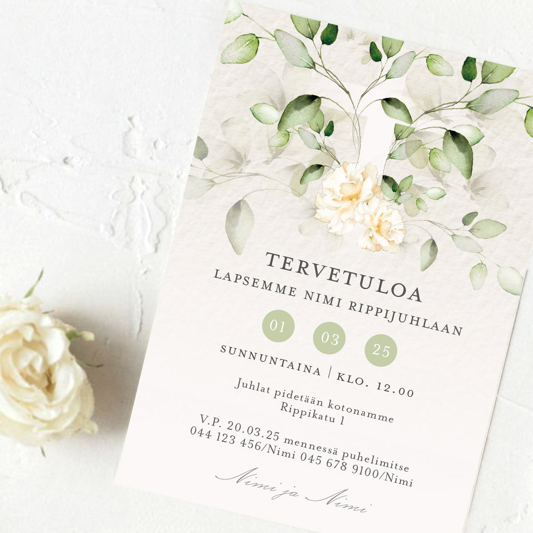 Printed invitation to the confirmation party - Lehtiristi