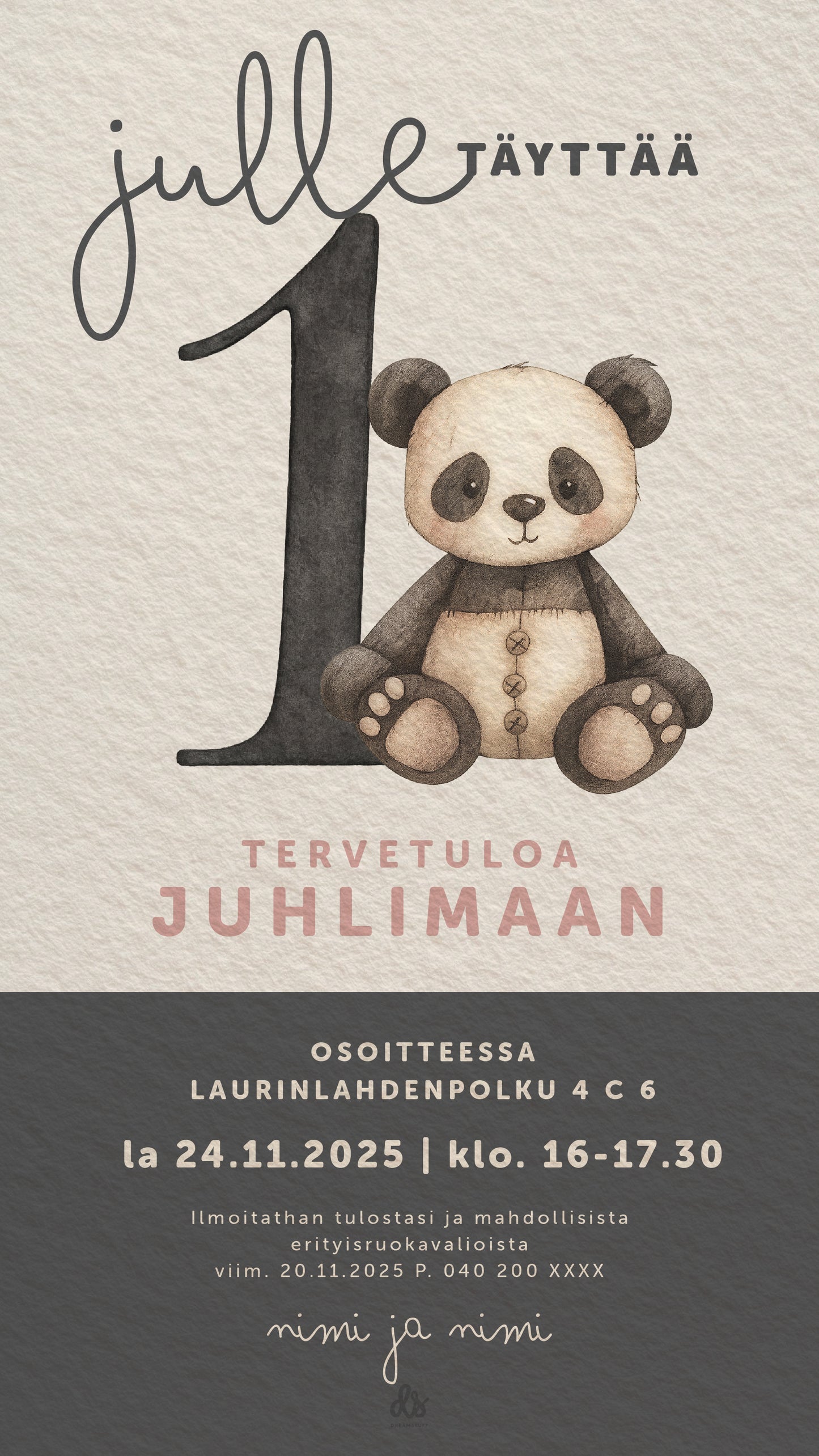 Suloinen digitaalinen syntymäpäiväkutsu, jossa synttärinumero ja pehmopanda lapsen juhlaan.
