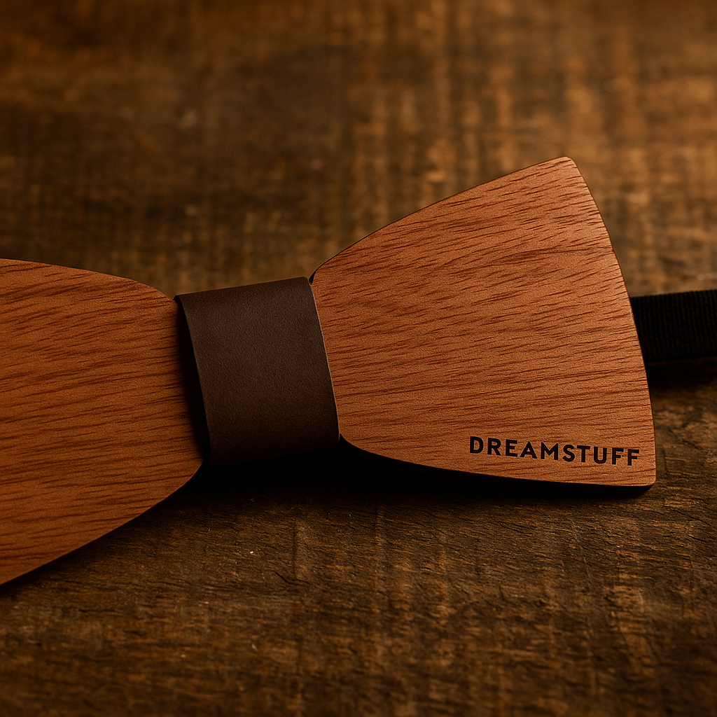 Tyylikäs käsintehty puinen rusetti miehille, ruskeaa pähkinäpuuta ja nahkainen keskiosa – DREAMSTUFF design, täydellinen juhliin, häihin ja lahjaksi