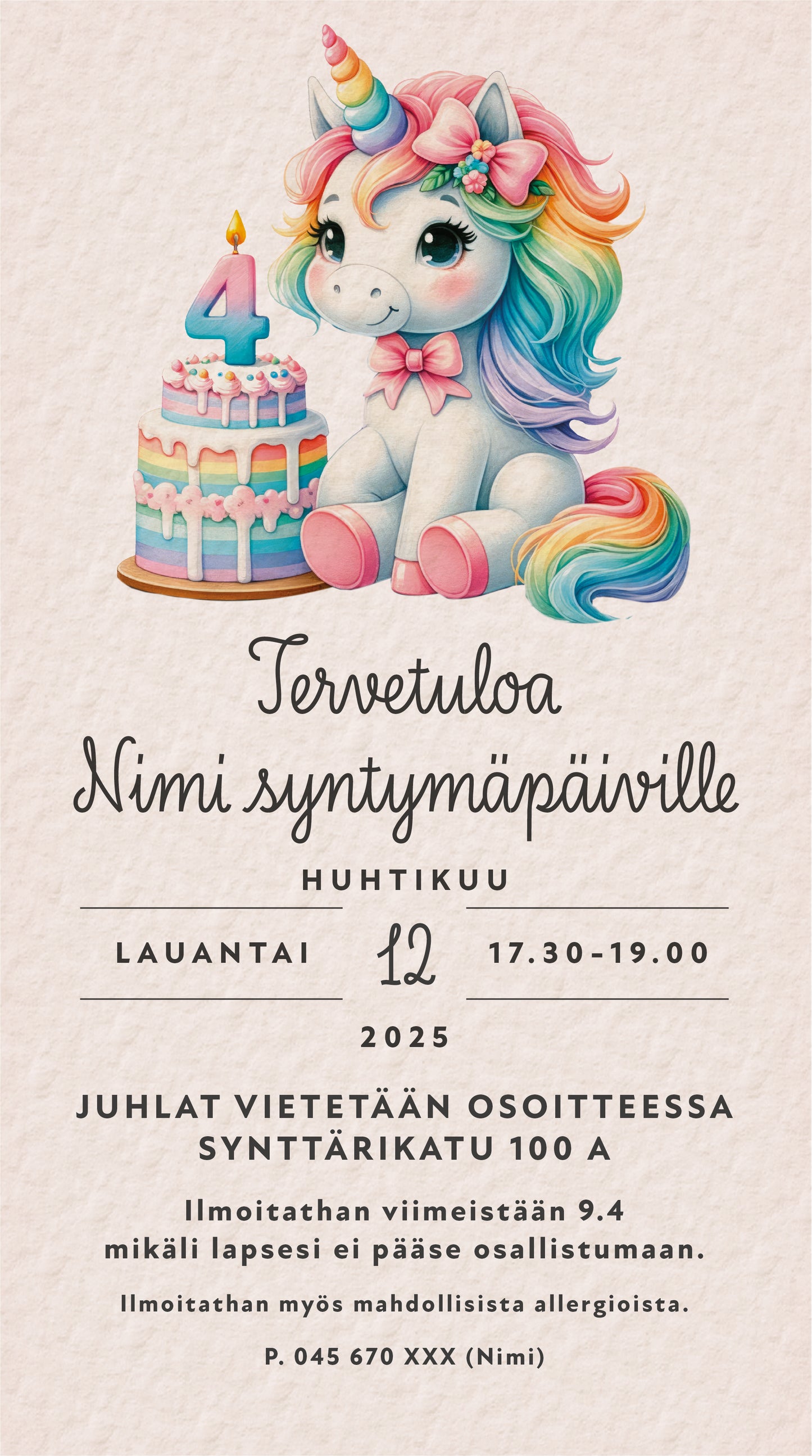 Digitaaliset lastenkutsut teemalla - Yksisarvinen ja kakku