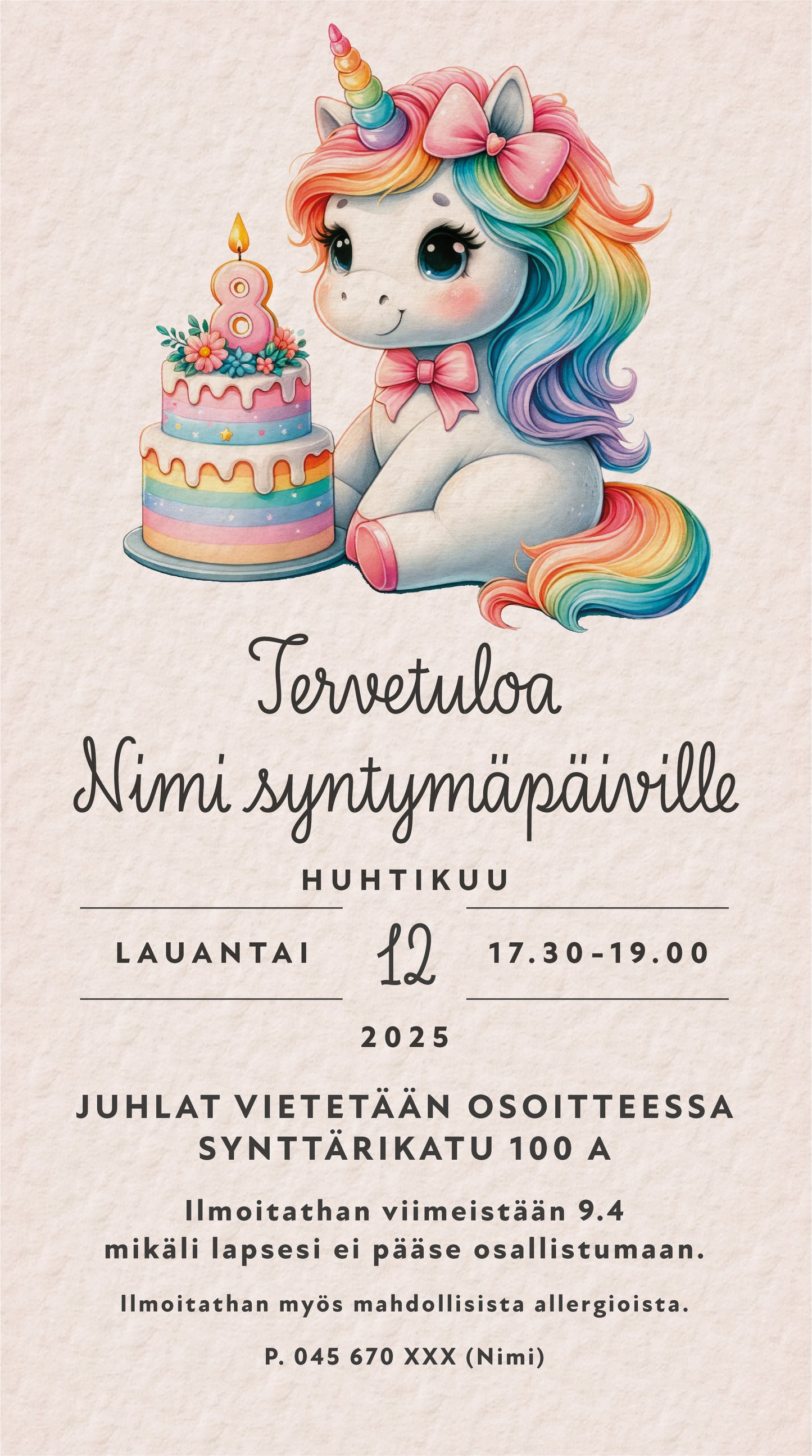 Digitaaliset lastenkutsut teemalla - Yksisarvinen ja kakku