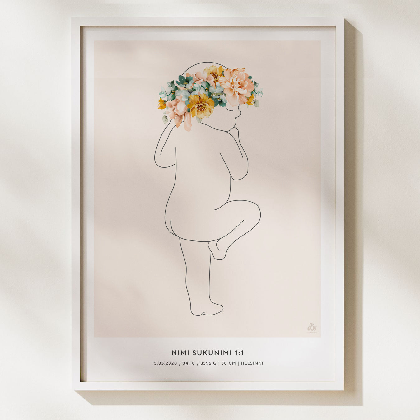 Syntymäjuliste Birthposter vastasyntynyt lastenhuoneen juliste kummilahja kastelahja