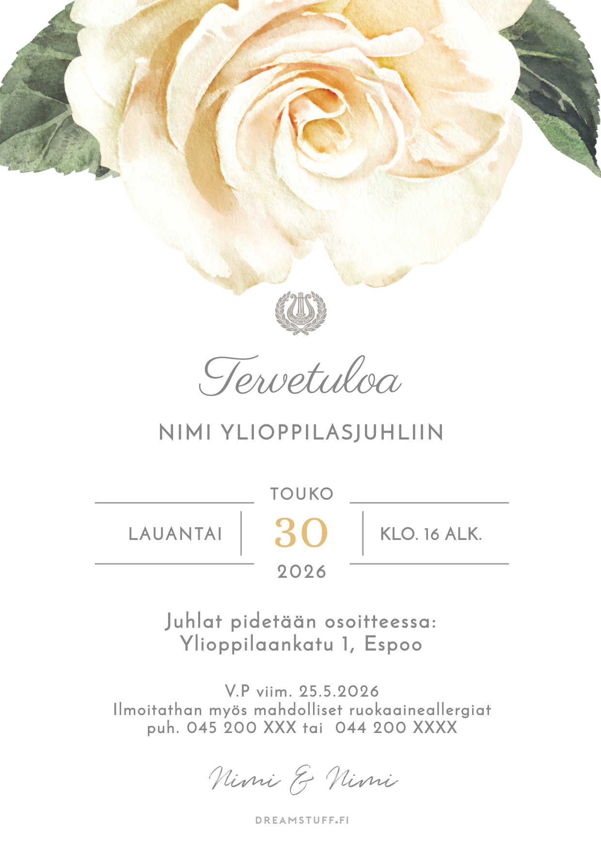 Ylioppilaskutsu tulostettava PDF – Valkoinen ruusu | Muokattava kutsupohja