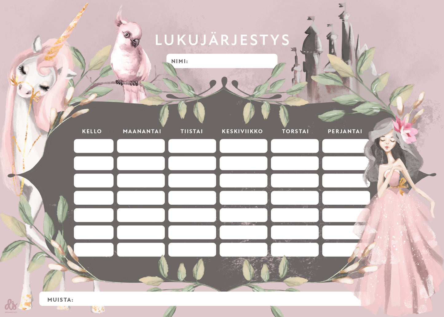 Ilmainen prinsessa lukujärjestys lukujärjestyspohja unicorn yksisarvinen lukujärjestys koululaiselle