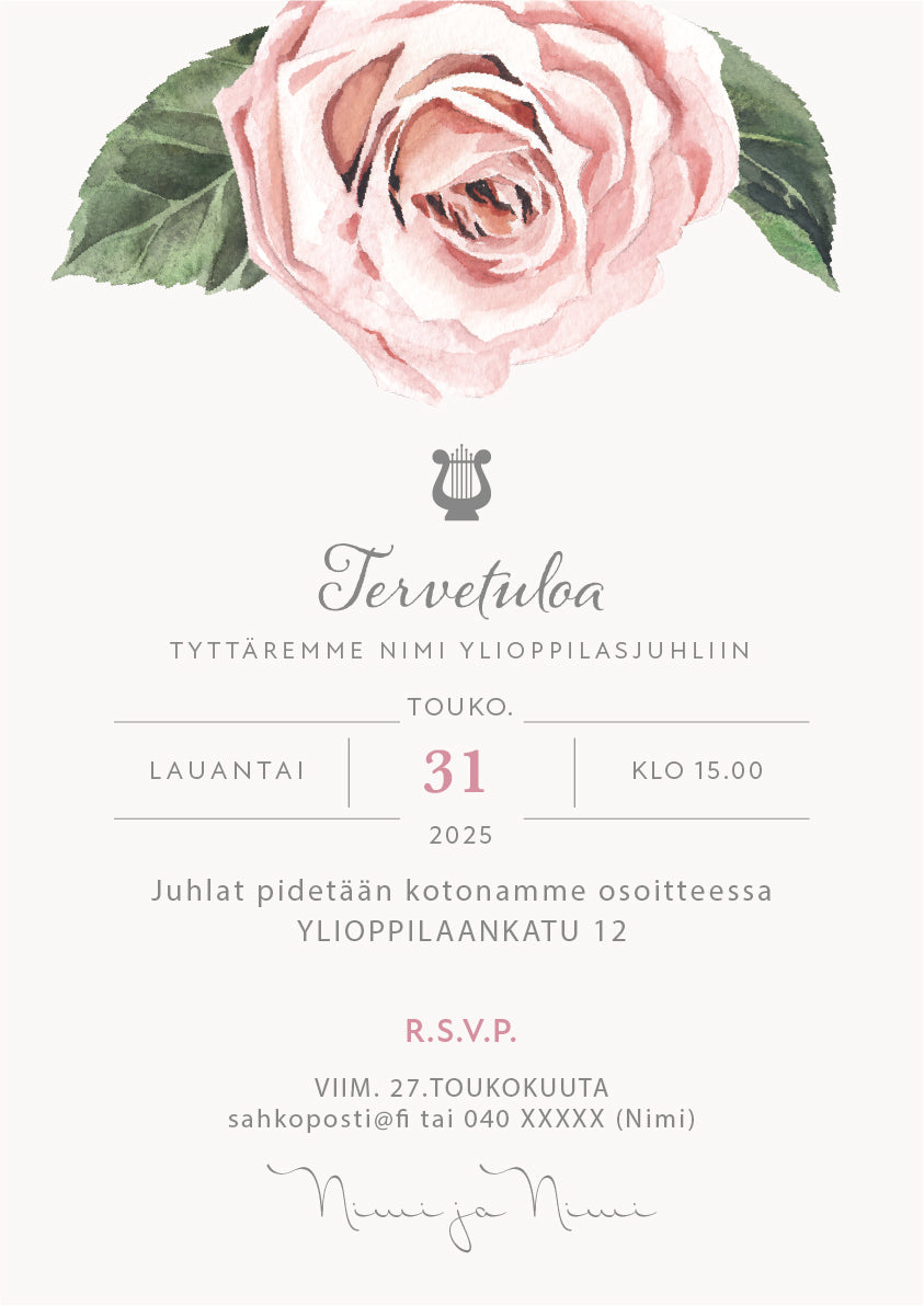 Tulosta itse kutsu ylioppilasjuhlaan - Ruusu