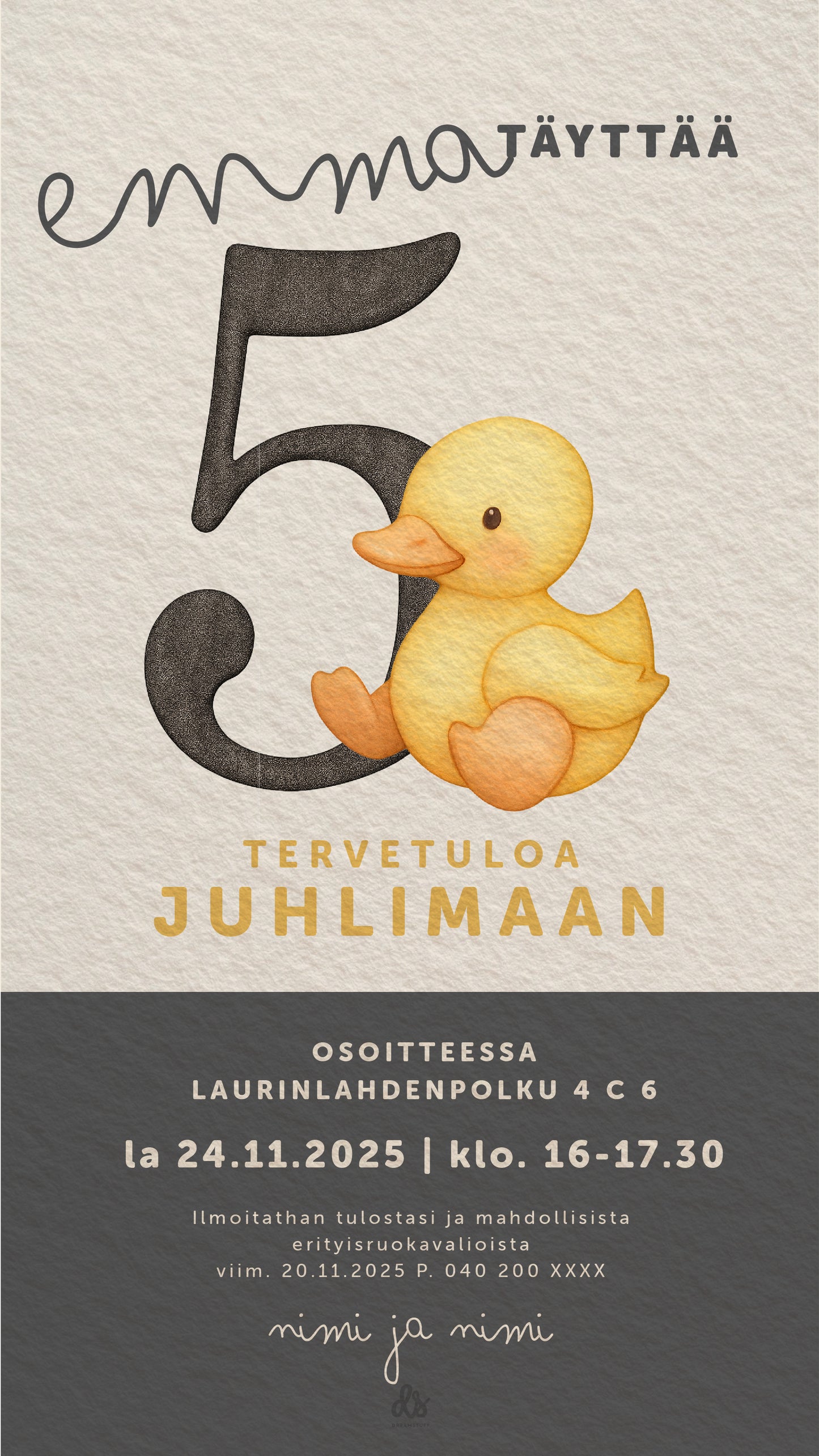 Lapsen syntymäpäiväkutsu digitaalisena, koristeltu värikkäällä numerolla ja suloisella pehmoankalla