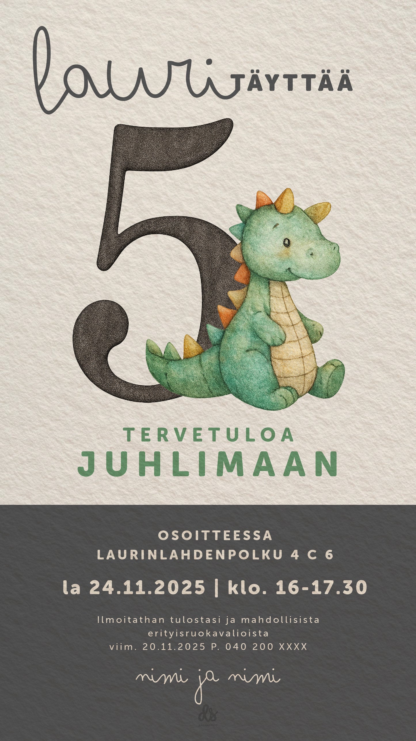 Hauska digitaalinen syntymäpäiväkutsu, jossa iso numero ja pehmolelu-dinosaurus lapsen juhliin.
