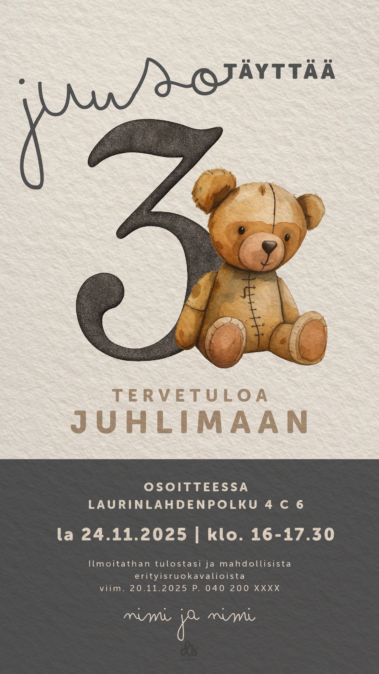 Digitaalinen syntymäpäiväkutsu lapselle, jossa suloinen pehmonalle ja juhlanumero somisteena.