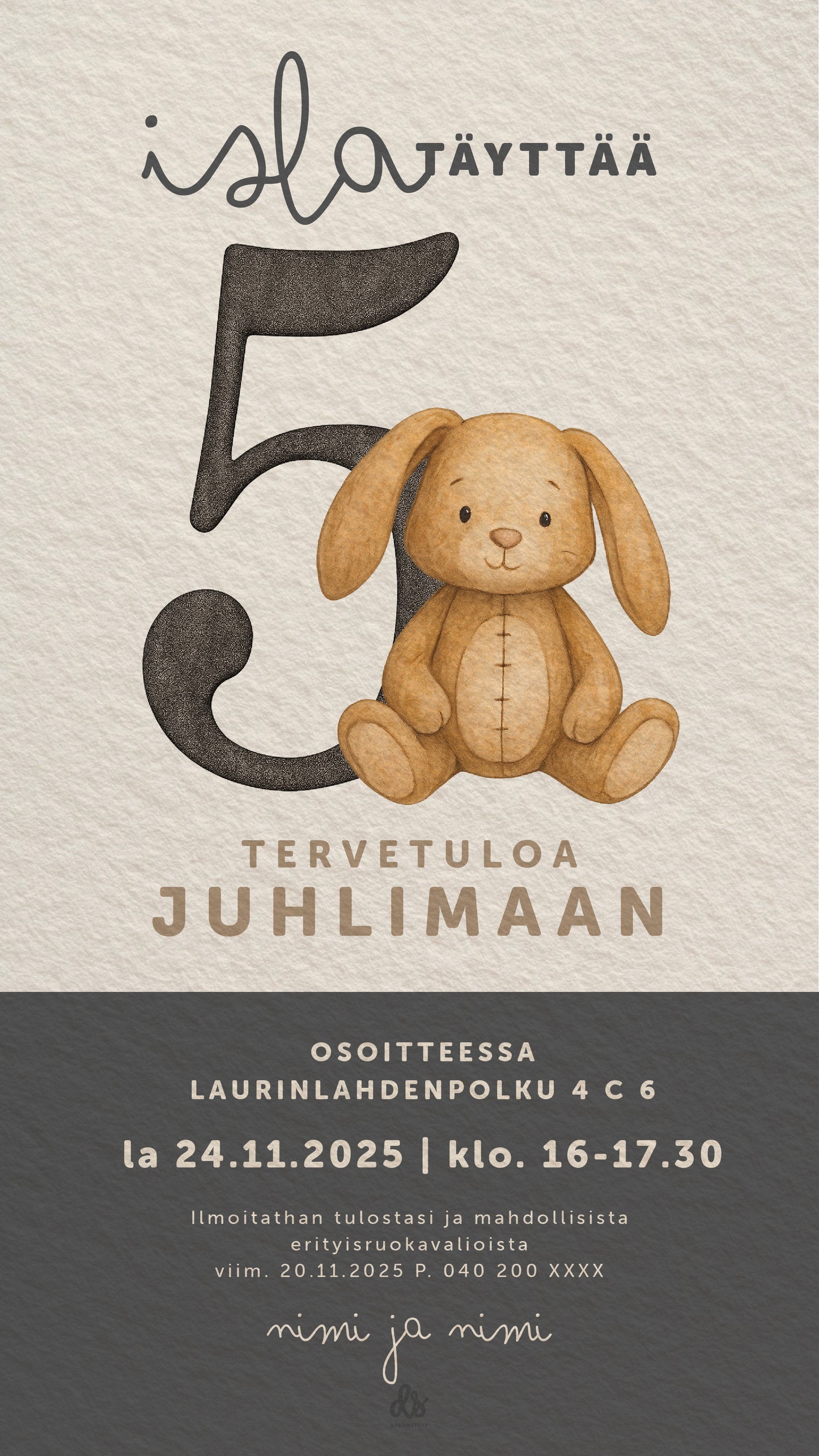 Suloinen digitaalinen kutsu lasten syntymäpäiville, jossa iso numero ja pehmopupu.