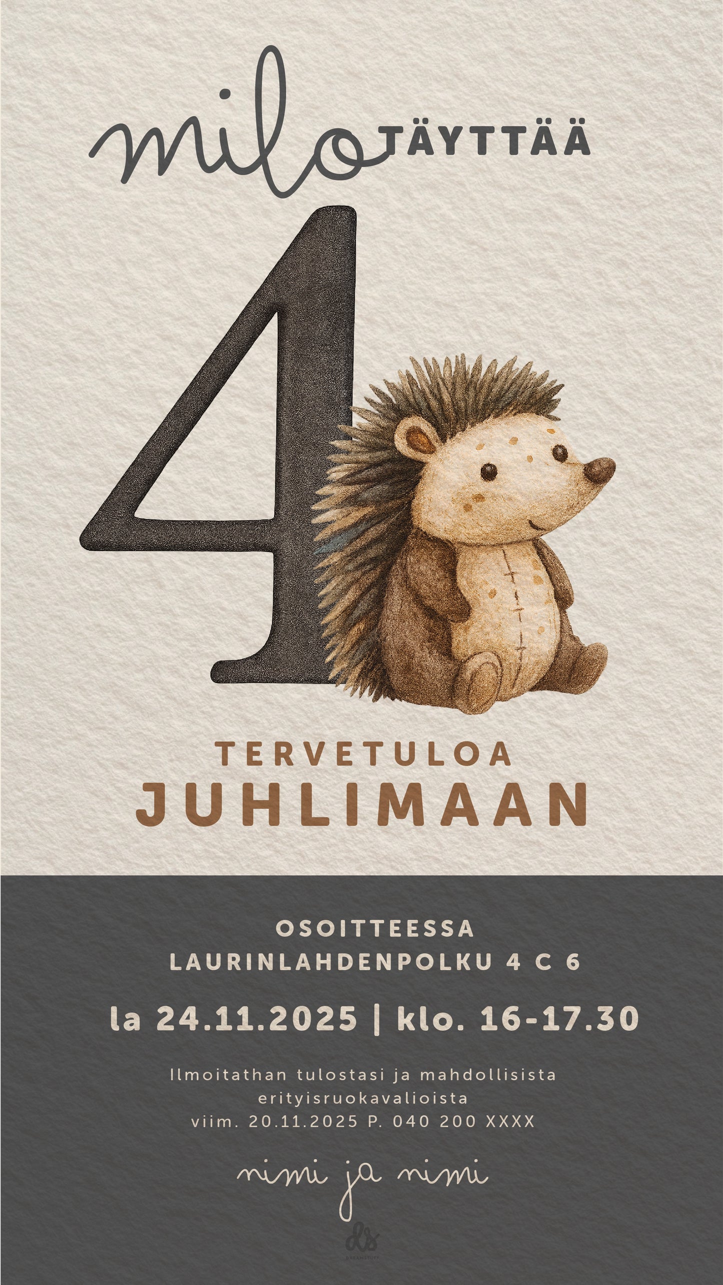 Digitaalinen syntymäpäiväkutsu lapselle, jossa juhlanumero ja suloinen pehmosiili.