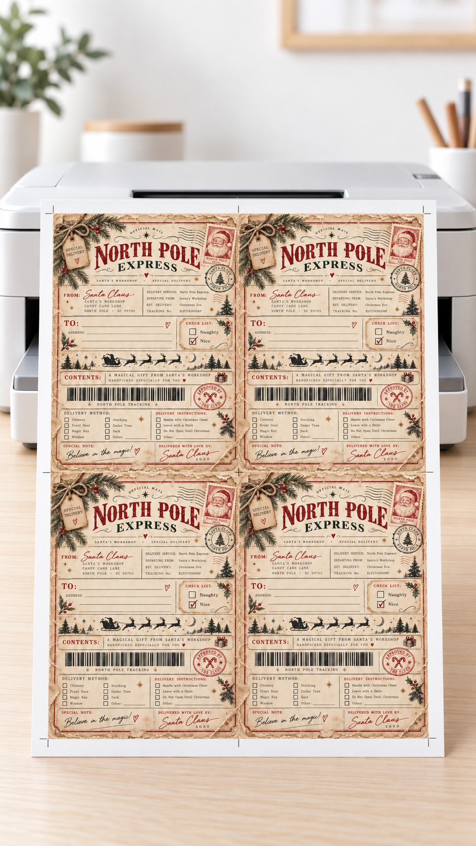 Joulupukin pakettitarra – North Pole Express | Tulostettava PDF, 4 kpl.