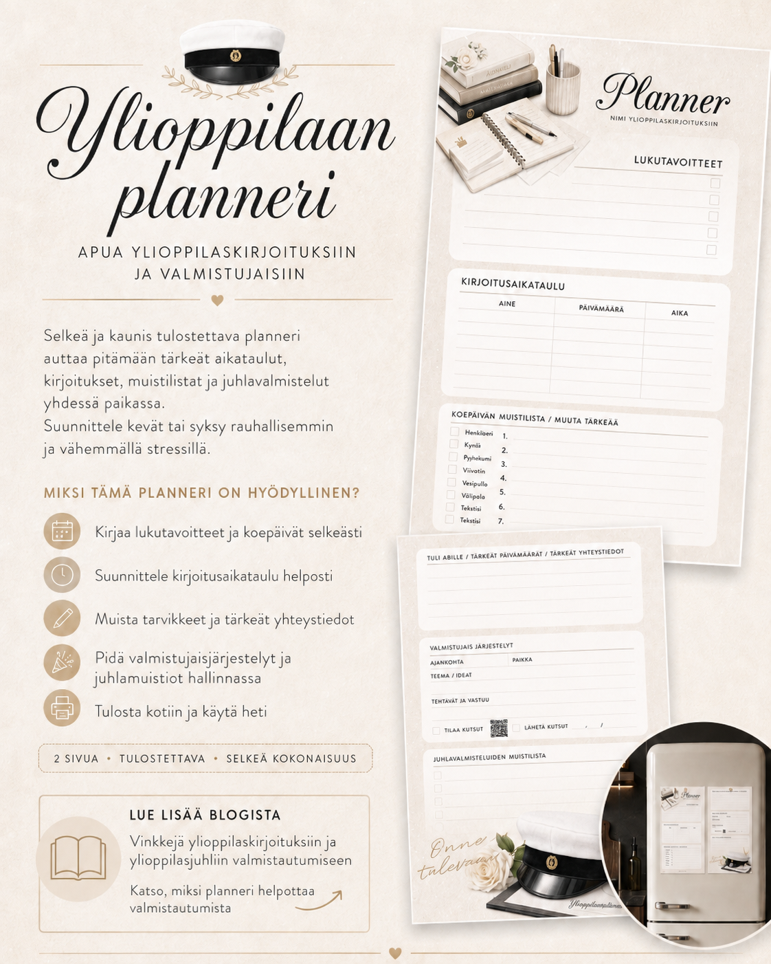 Tulostettava ylioppilaan planneri ylioppilaskirjoitusten, koepäivien, lukutavoitteiden ja valmistujaisjuhlien suunnitteluun – Dreamstuff.