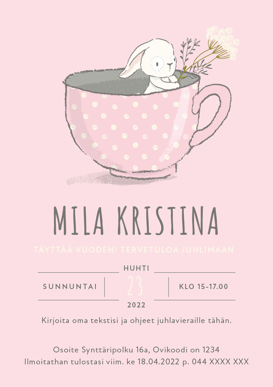 Digitaalinen syntymäpäiväkutsu lapsille - Pupu vaaleanpunainen