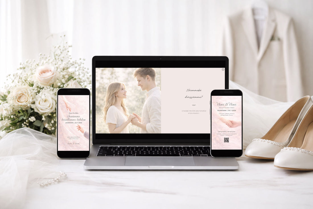 Digitaalinen hääpaketti: Save the Date, kutsu ja hääsivusto – kaikki valmiina yhdessä paketissa
