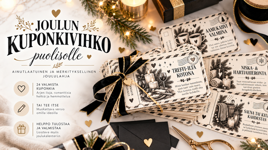 Joululahja puolisolle – Joulun kuponkivihko, jossa 24 tulostettavaa lahjakuponkia yhteisiin hetkiin ja aineettomaan joululahjaan.