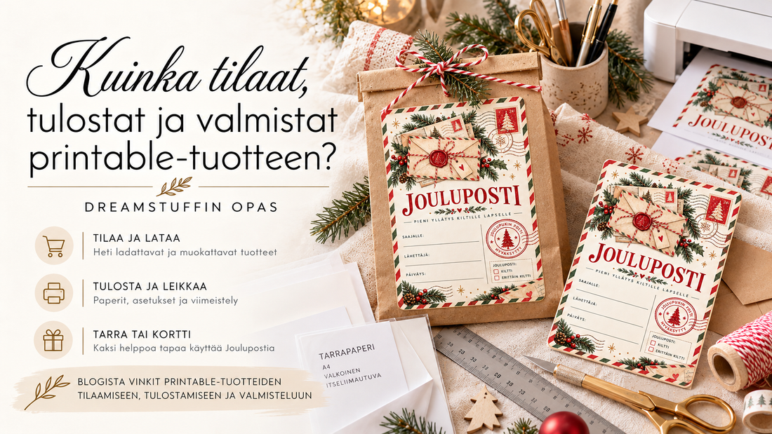 Printable tulostusohje – Dreamstuffin opas digitaalisen tuotteen tilaamiseen, kotitulostukseen, leikkaamiseen ja viimeistelyyn.