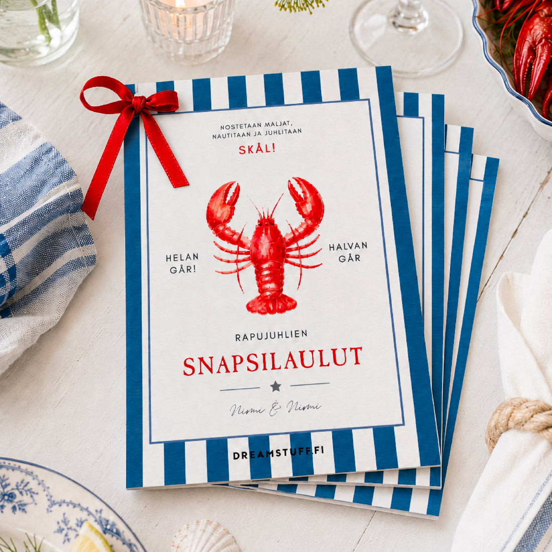 Merellinen rapujuhlakattaus digitaalisella kutsulla, pöytätableteilla, menulla ja snapsilaulukirjalla