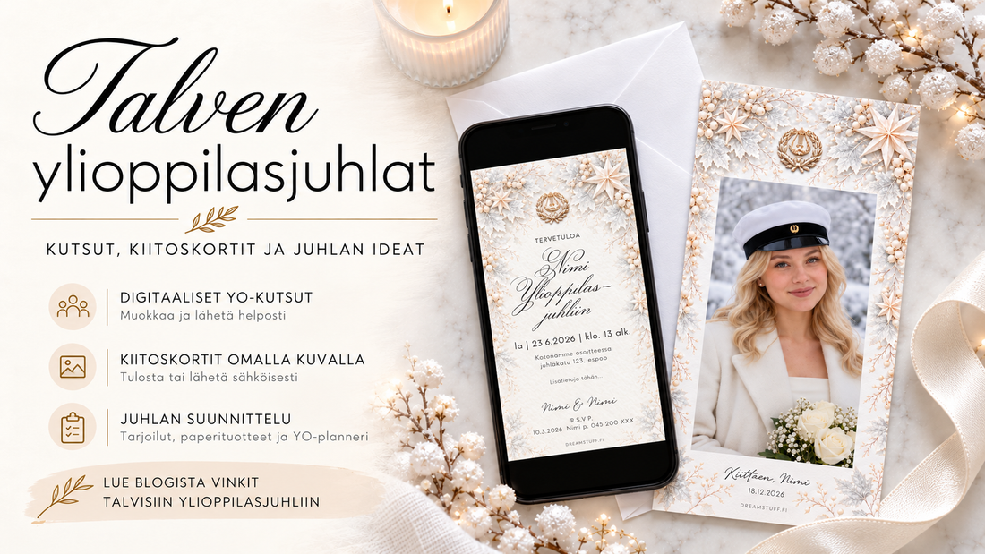 Talven ylioppilasjuhlien digikutsu puhelimessa ja Frost-kiitoskortti omalla valokuvalla sekä vinkit kutsuihin, kiitoskortteihin ja juhlan suunnitteluun.