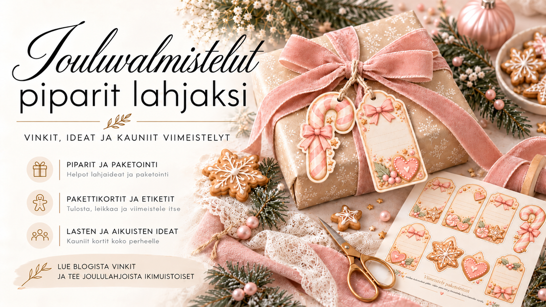Jouluvalmistelut piparit lahjaksi – vaalea joulublogikuva, jossa pipareiden leivonta, lahjapaketointi ja tulostettavat pakettikortit joululahjojen viimeistelyyn.