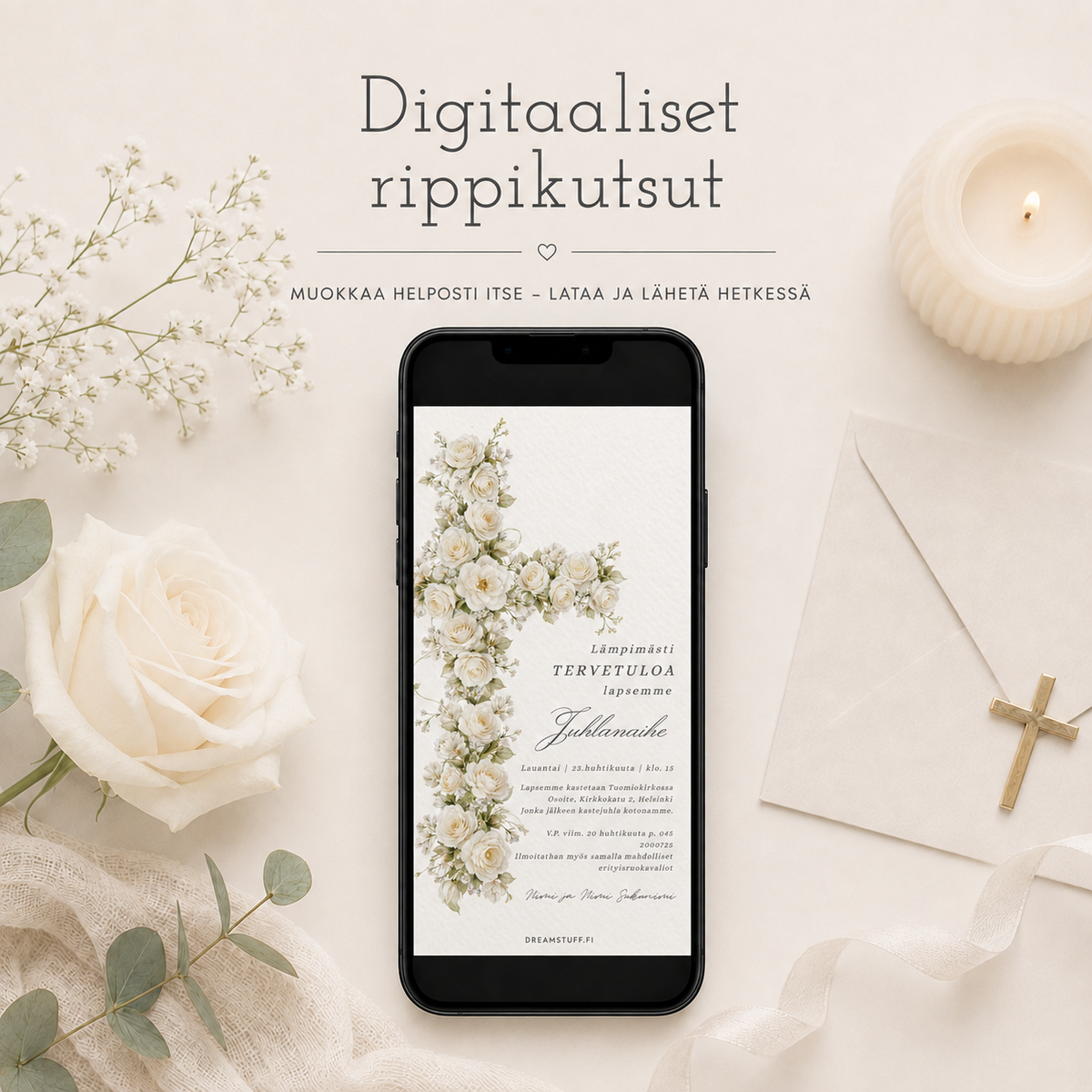 Digitaaliset rippikutsut nuoren rippijuhlaan. Muokattavat sähköiset kutsut helposti lähetettäväksi WhatsAppilla, sähköpostilla tai viestillä.