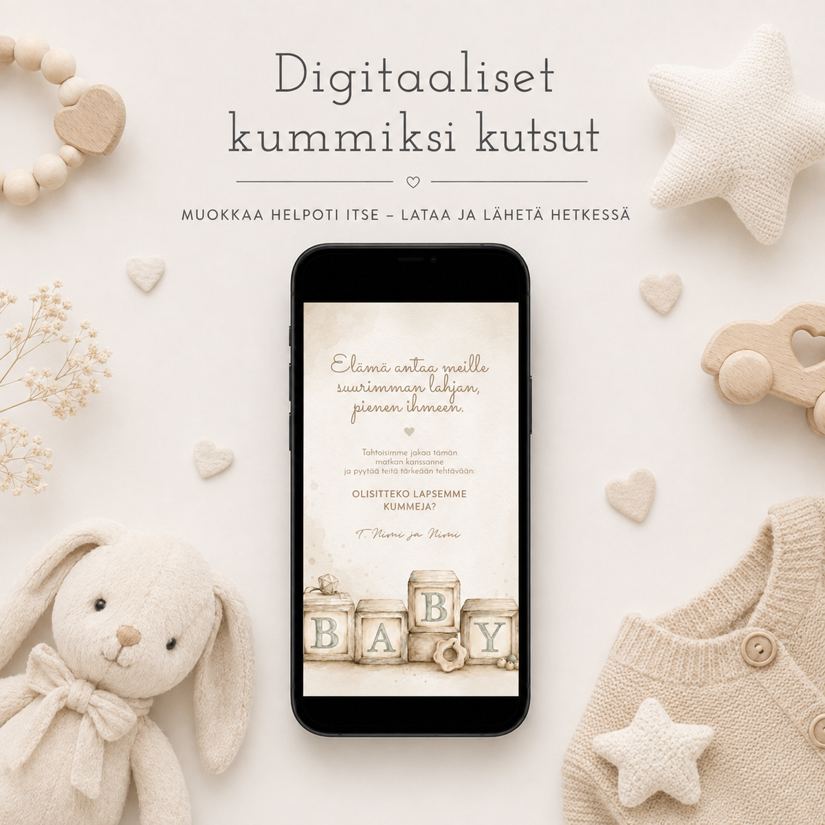 Digitaalinen kummipyyntökortti BABY-palikoilla – sukupuolineutraali tulisitko kummiksi kortti vauvan kummille