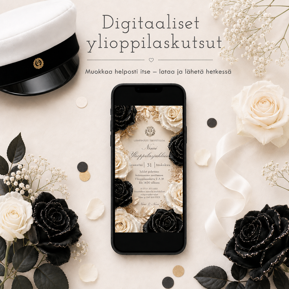 Digitaaliset ylioppilaskutsut valmistuneelle. Muokattavat sähköiset kutsut ylioppilasjuhlaan helposti lähetettäväksi WhatsAppilla, sähköpostilla tai viestillä.