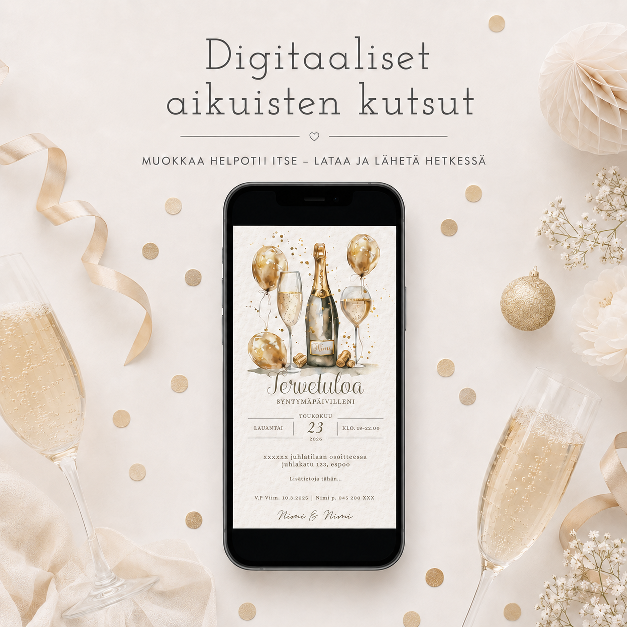 Aikuisten juhlat – digitaalinen juhlakutsu kännykän näytöllä, ympärillä kuohuviinilasit, ruusunpunaisia kukkia ja juhlakoristeita. Sopii syntymäpäiviin, merkkipäiviin, eläkejuhliin, yllätysjuhliin ja muihin aikuisten juhliin.