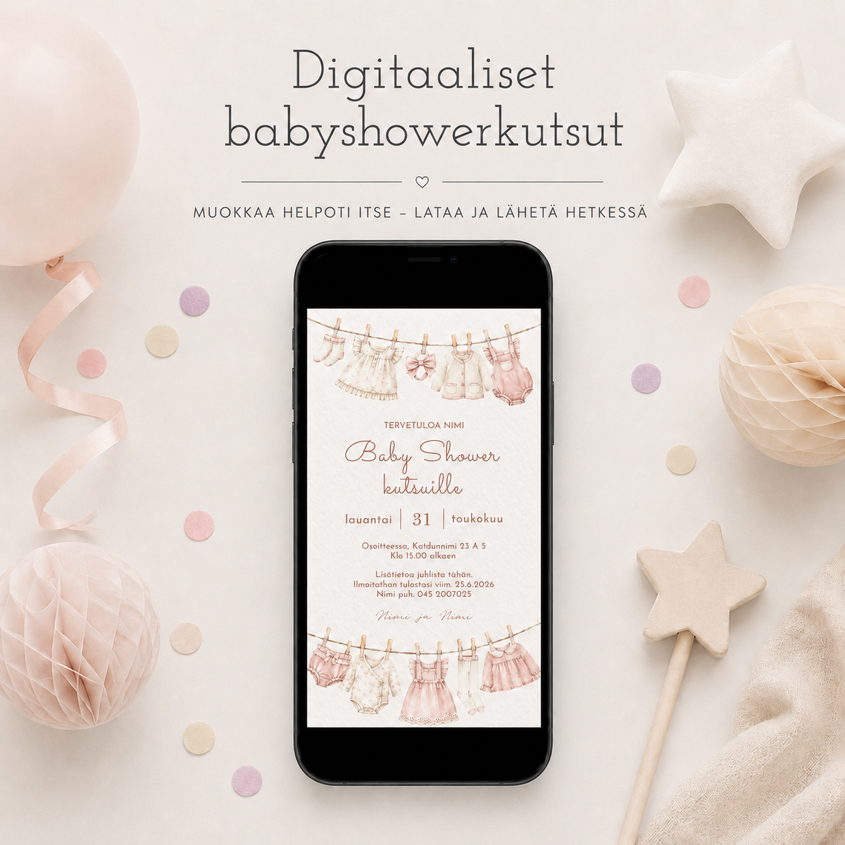 Baby Shower -kutsut ja vauvakutsut vaaleassa skandinaavisessa juhlaympäristössä. Digitaaliset kutsut odotusajan juhlaan.