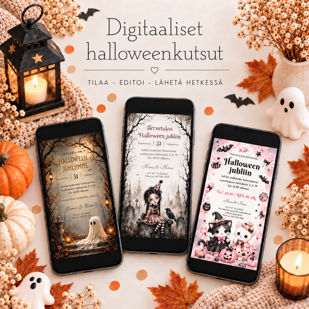 Sähköinen Halloween-kutsu kännykän näytöllä haamumaisessa juhlaympäristössä, taustalla sumua, kummituksia ja kynttilöitä.