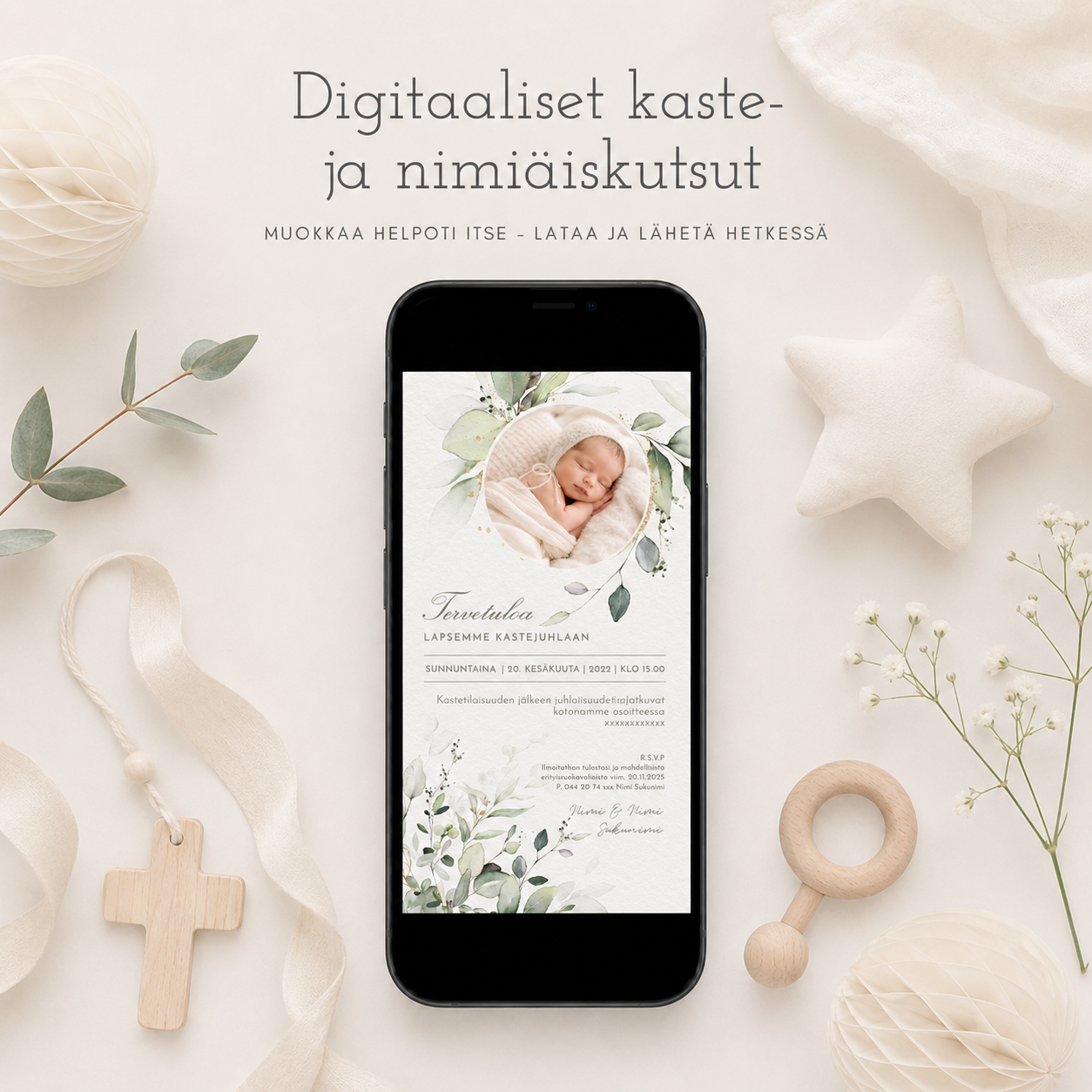 Digitaalinen kastekutsu ja nimiäiskutsu puhelimen näytöllä valkoisen kastepuvun päällä. Muokattava sähköinen kutsu kastejuhlaan tai nimiäisiin, vaalea skandinaavinen tuotekuva.