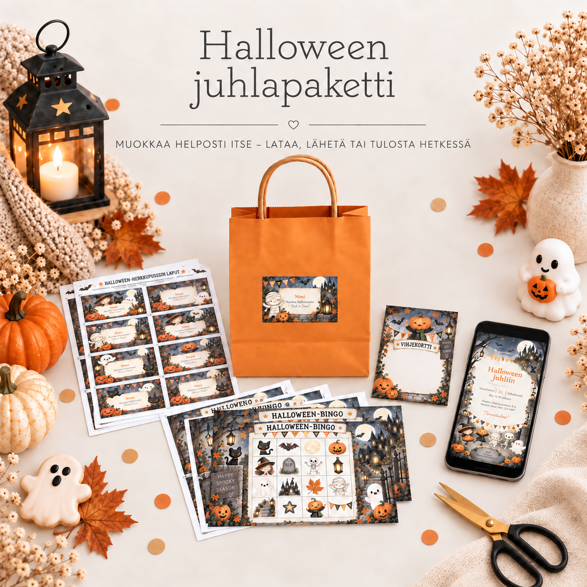 Halloween juhlapaketit – digitaaliset kutsut ja tulostettavat juhlamateriaalit