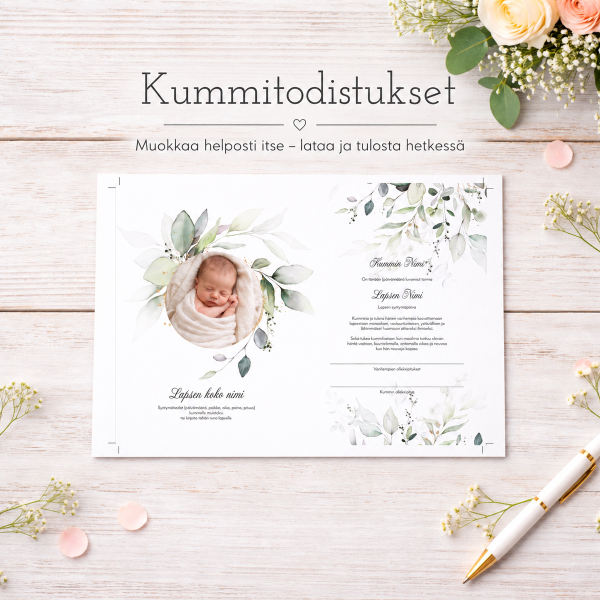 Kummitodistus vauvan kuvalla ja vihreällä kukkakuvituksella – muokattava ja tulostettava printable.