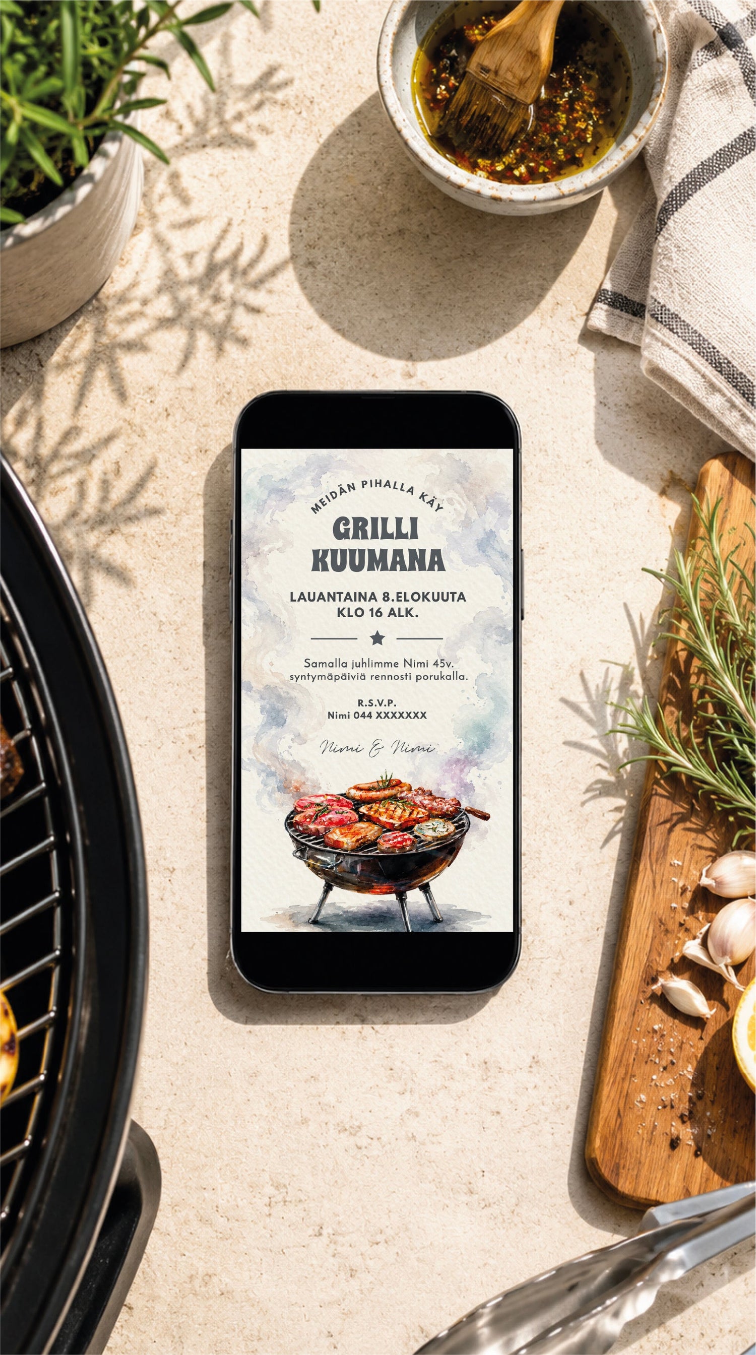Grillijuhlien digitaaliset kutsut ja printable-tuotteet kesäisiin BBQ-juhliin