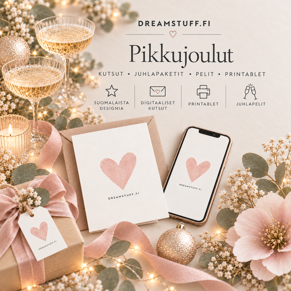 Pikkujoulut -collection kuva Dreamstuffilta – digitaaliset kutsut, juhlapaketit, printablet ja juhlapelit vaaleassa skandinaavisessa joulutyylissä.