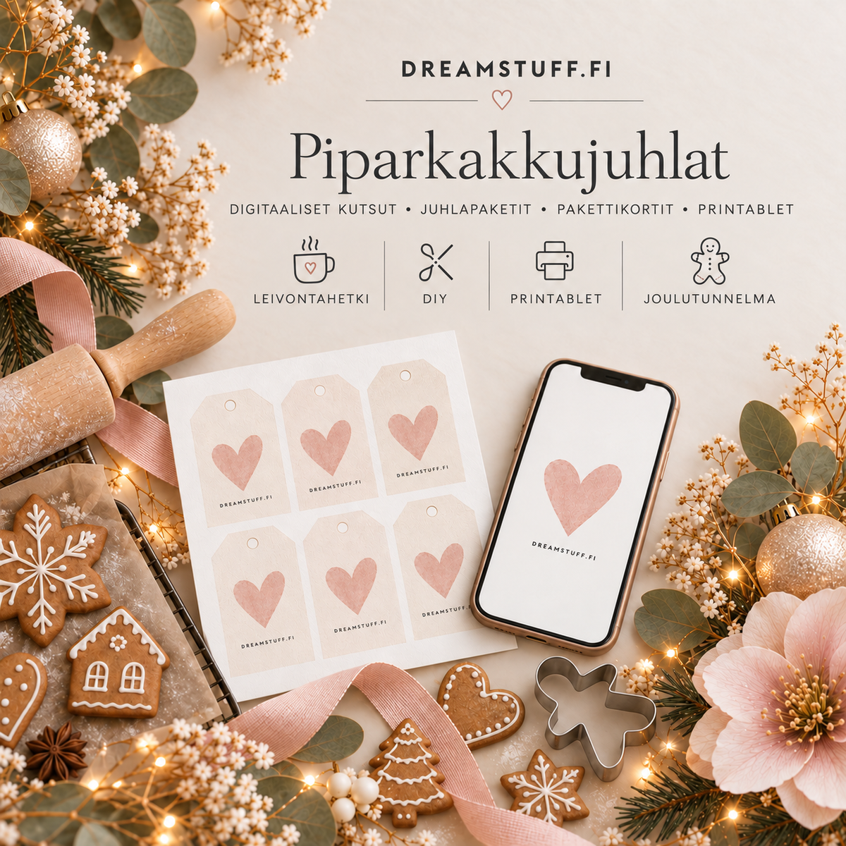 Piparkakkujuhlat -collection kuva Dreamstuffilta – digitaaliset kutsut, juhlapaketit, pakettikortit ja printable-tuotteet joulun piparkakkujuhliin.