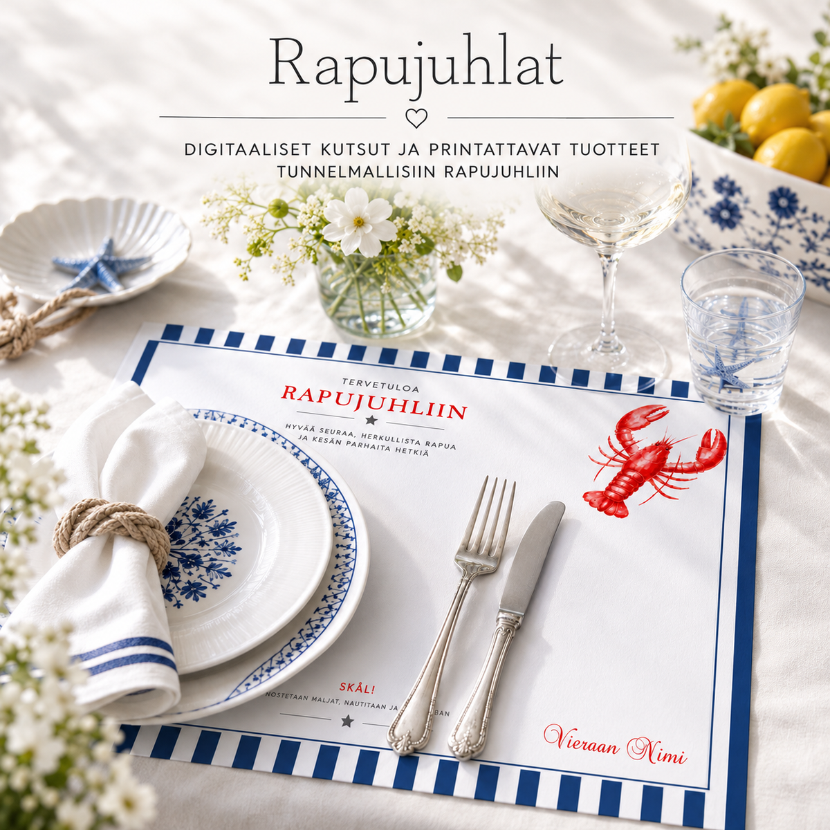 Rapujuhlien digitaaliset kutsut ja merelliset printable-kattaustuotteet