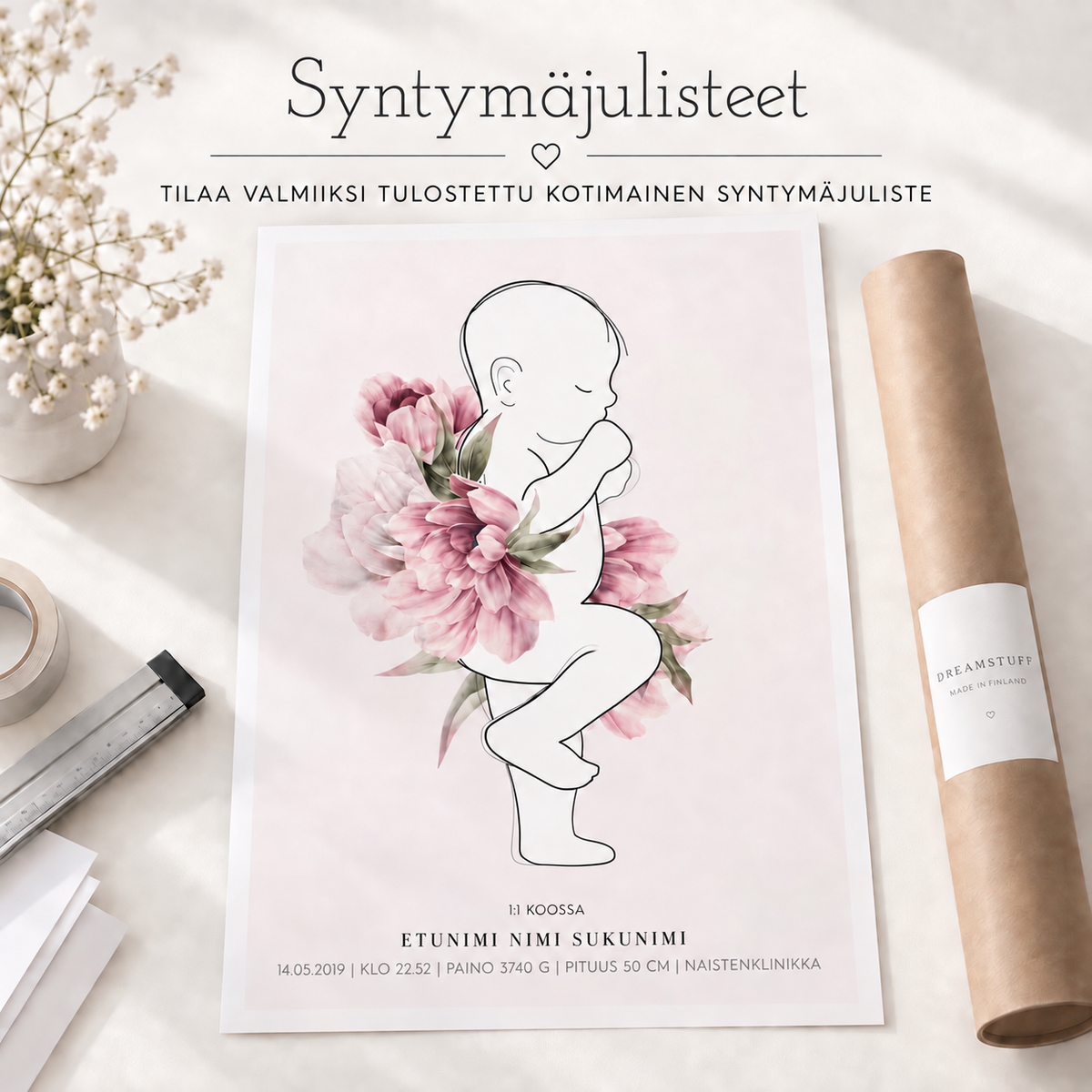 Personoitu syntymäjuliste – valmiiksi tulostettu kotimainen vauvan syntymäjuliste postitettuna kotiin.